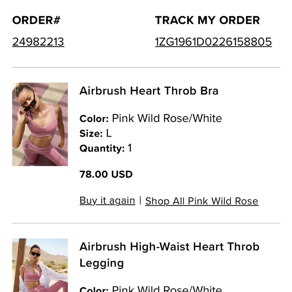 ALO Yoga Pink Wild Rose and White Heart Throb Bra and leggings.